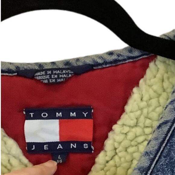 Vintage Tommy Jeans Sherpa Denim Vest Patchwork Plaid Big Logo Size Large - Picture 9 of 10